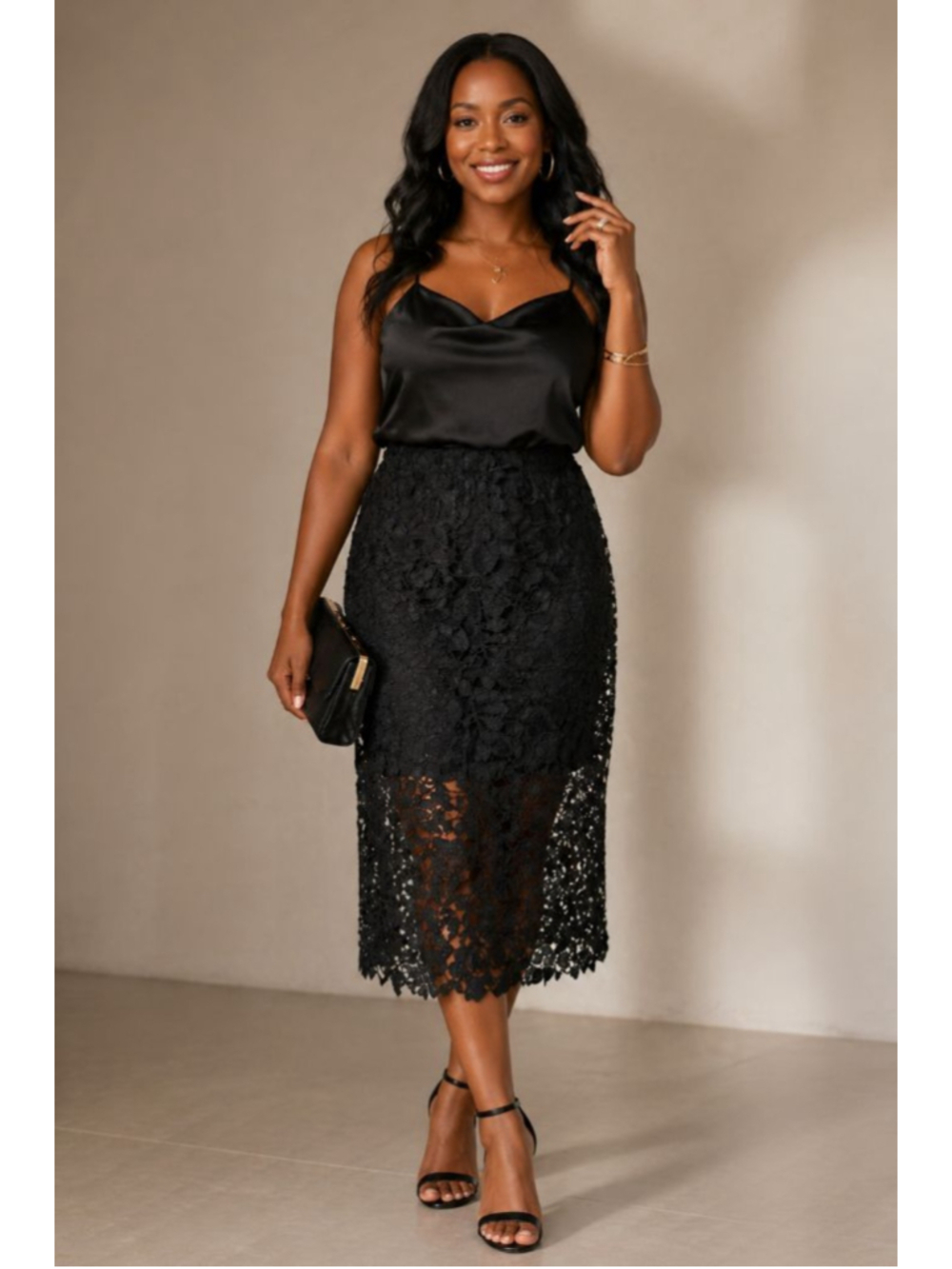 a new day Black Lace Midi Skirt Medium Elastic Waist Sheer Lace Floral Overlay